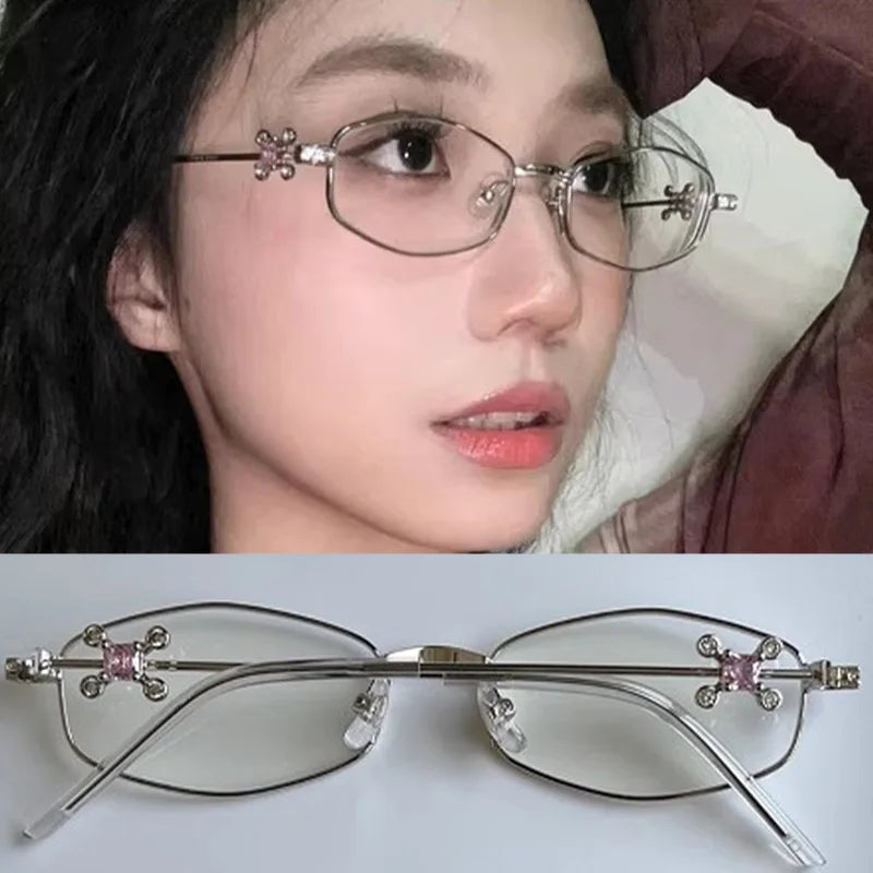 Fashion Punk Small Frame Glasses Retro Silver Anti Blue Light Eyewear for Women Y2K Rhinestone Glasses Girl Reading Eyeglasses