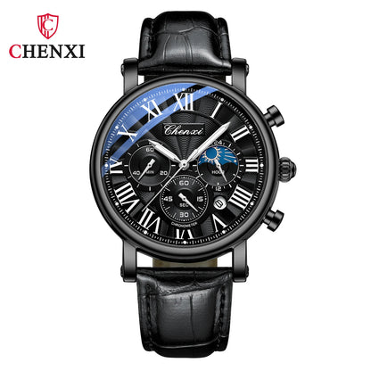 CHENXI 973 Multi-function Business Moon Phase Date Waterproof Rome Analog Imported Men Wristwatch