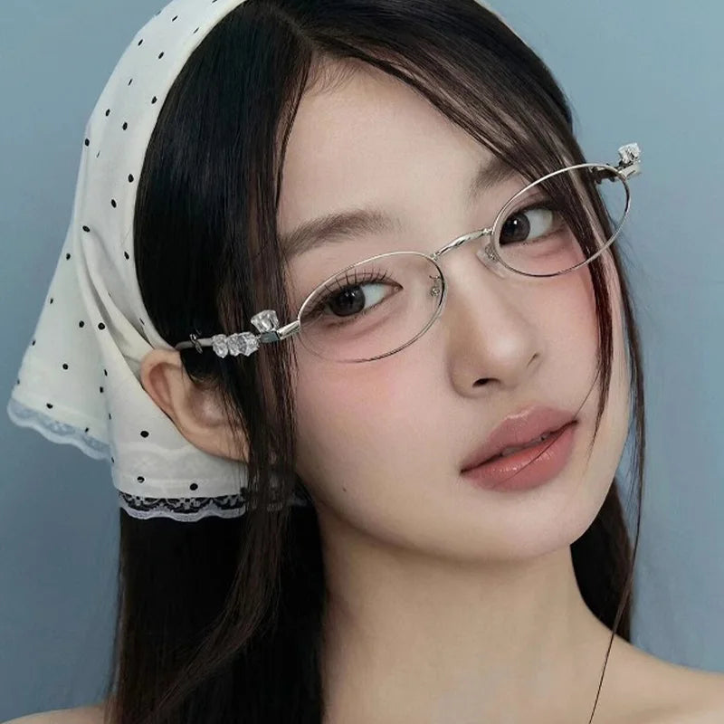 Vintage Y2K Rhinestone Studded Metal Oval Small Frame Elliptical Flat Eyeglasses Anti Blue Light Glasses Women Fashion Eyewear