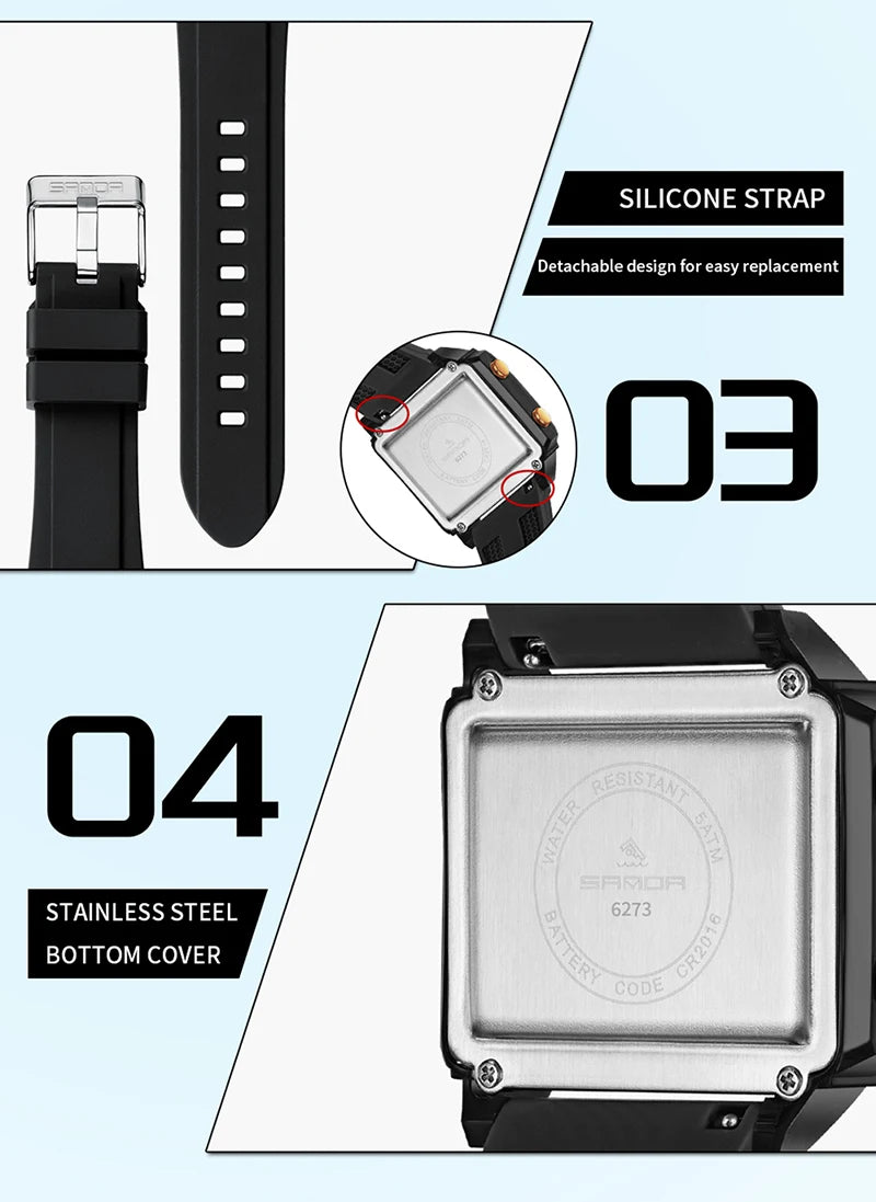 SANDA 6273 Wristwatch Square Dual Time Man Electron Analog Watch for Men Women Waterproof Count Down Timer Digital World Time