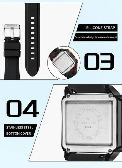 SANDA 6273 Wristwatch Square Dual Time Man Electron Analog Watch for Men Women Waterproof Count Down Timer Digital World Time