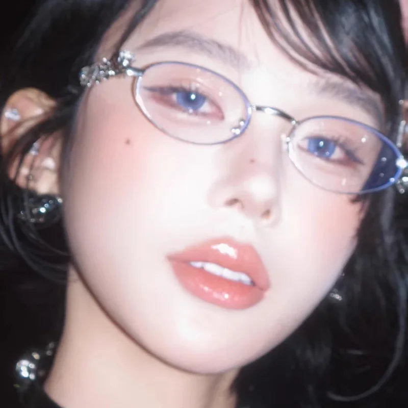 Vintage Y2K Rhinestone Studded Metal Oval Small Frame Elliptical Flat Eyeglasses Anti Blue Light Glasses Women Fashion Eyewear