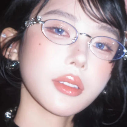 Vintage Y2K Rhinestone Studded Metal Oval Small Frame Elliptical Flat Eyeglasses Anti Blue Light Glasses Women Fashion Eyewear