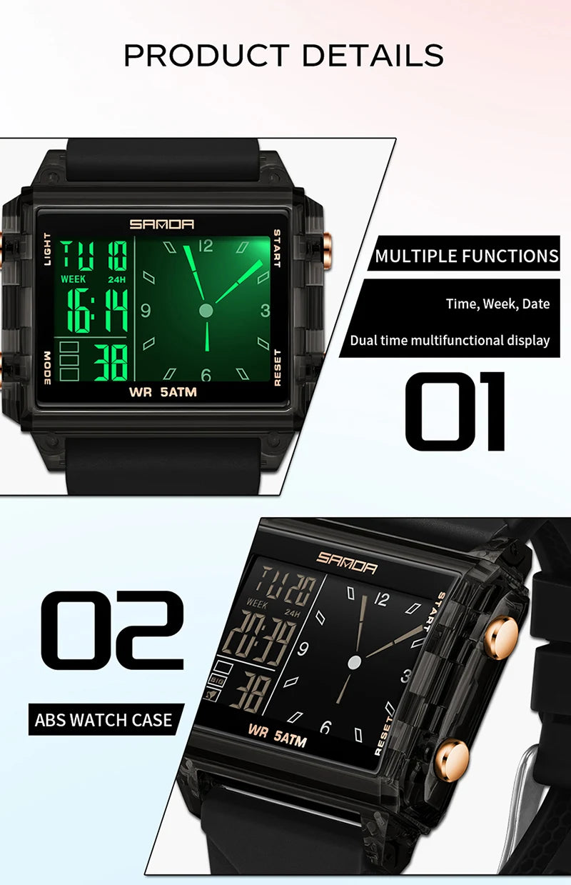 SANDA 6273 Wristwatch Square Dual Time Man Electron Analog Watch for Men Women Waterproof Count Down Timer Digital World Time