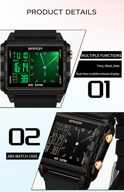 SANDA 6273 Wristwatch Square Dual Time Man Electron Analog Watch for Men Women Waterproof Count Down Timer Digital World Time
