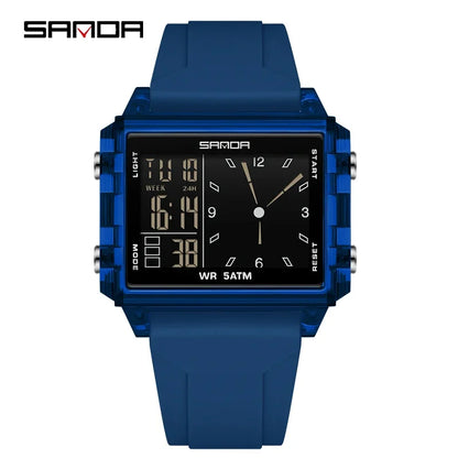 SANDA 6273 Wristwatch Square Dual Time Man Electron Analog Watch for Men Women Waterproof Count Down Timer Digital World Time