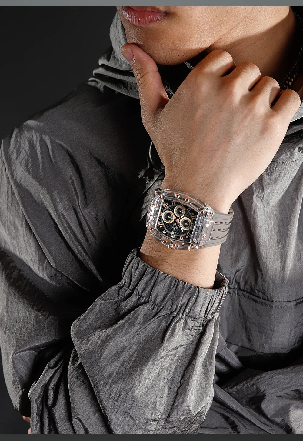 Naviforce 7105 Casual New Chronograph Mul-tifunction Watches Sports Silicone Man Transparent Case Wristwatch