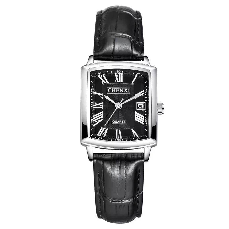 CHENXI 079A Couple's Watches Simple Square Business Clock Black Leather Strap Wristwatch for Men and Women