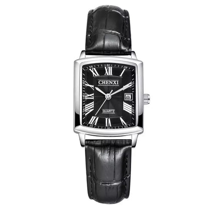 CHENXI 079A Couple's Watches Simple Square Business Clock Black Leather Strap Wristwatch for Men and Women