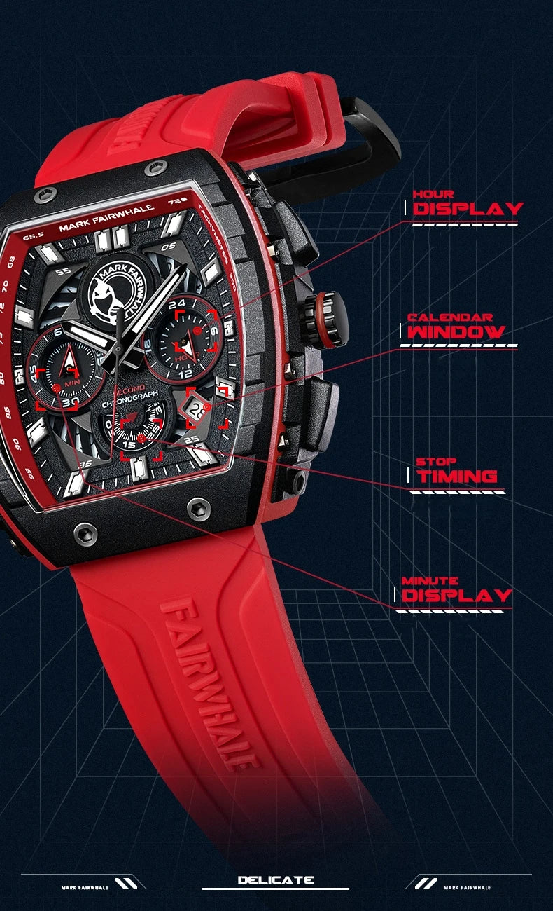 Mark Fairwhale 5670 Men's Top Design Quartz Tonneau Multifunction Chronograph Waterproof Silicone  Sports Quartz Watch for Men