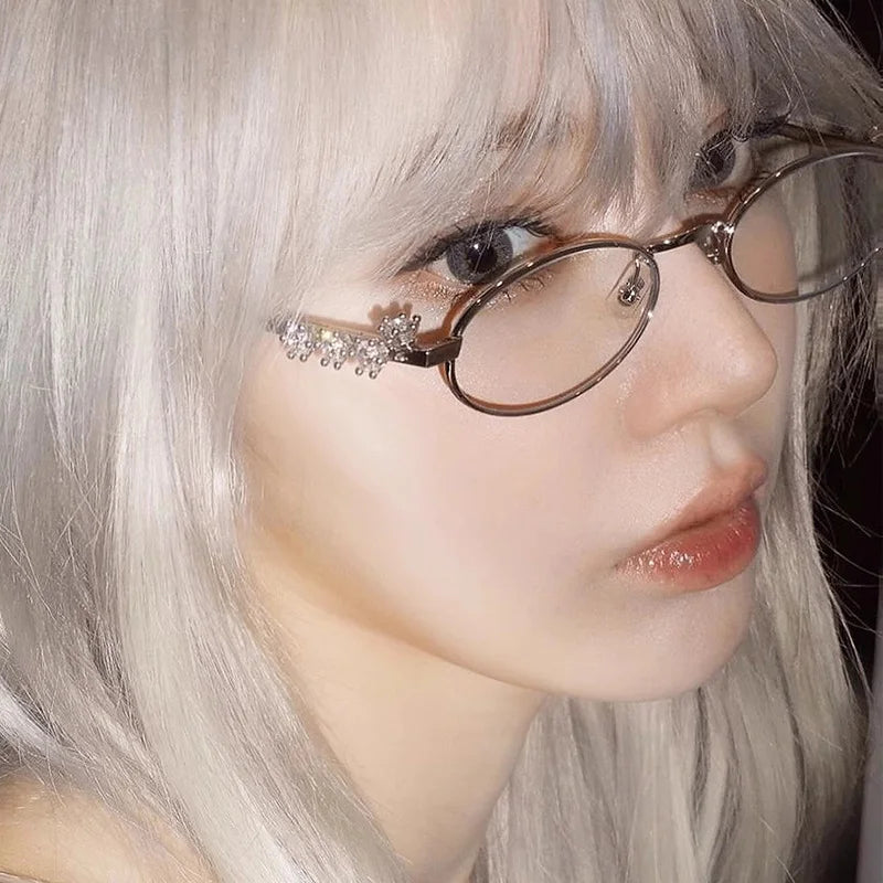 Japanese Small Oval Rhinestone Eyeglasses Frame for Women