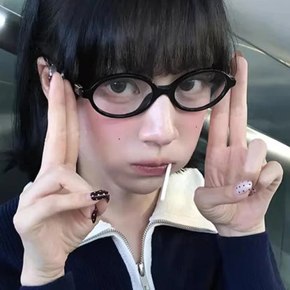 Japanese Y2K Retro Black Oval Frame Glasses for Women