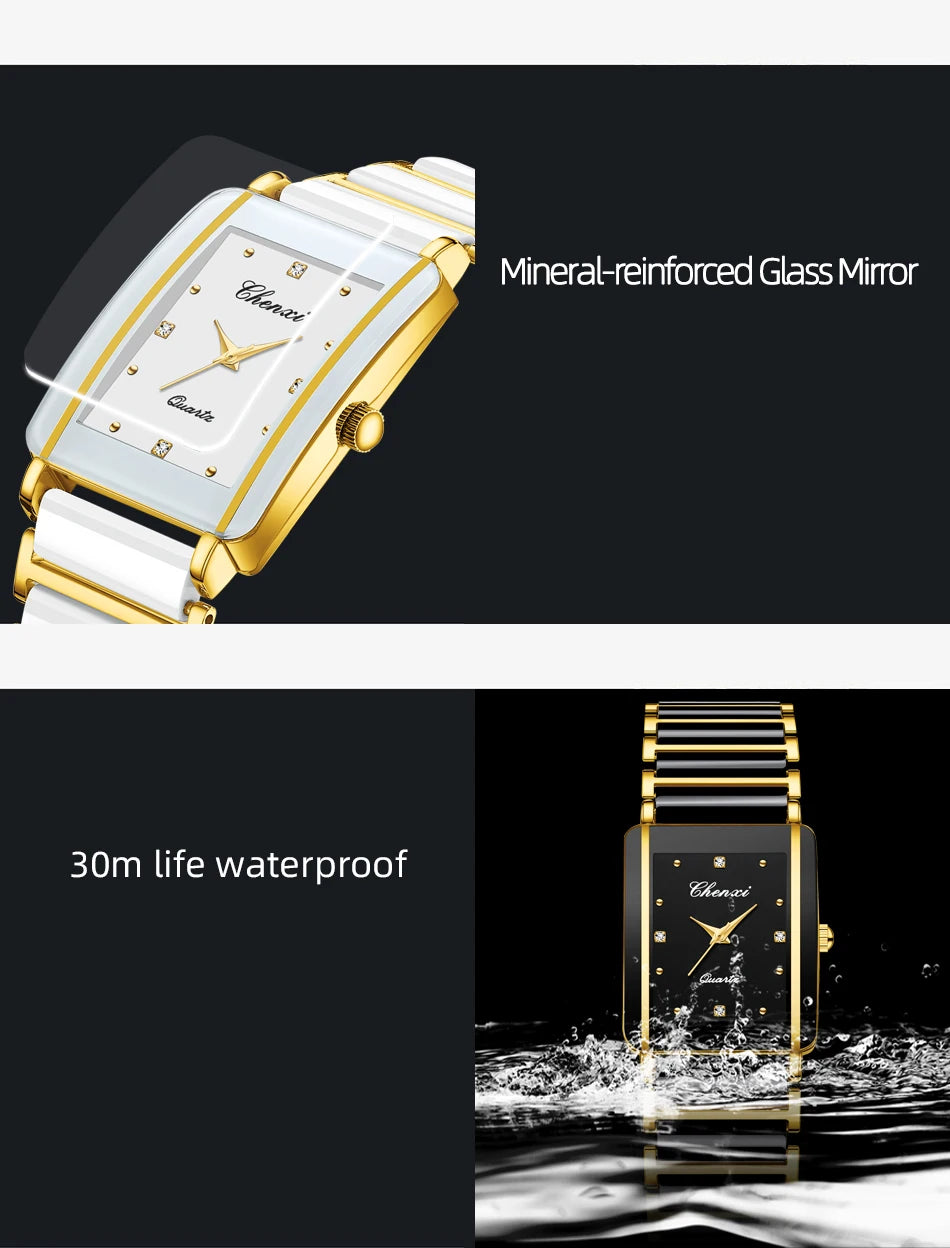 CHENXI 104A Couple Watches Waterproof Luxury Ceramics Square Business Stainless Steel Strap for Women Men Clock
