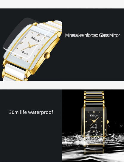 CHENXI 104A Couple Watches Waterproof Luxury Ceramics Square Business Stainless Steel Strap for Women Men Clock