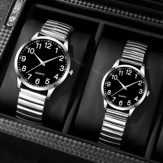 1/2PCS Couple Quartz Watch Fashion Creative Arabic Numerals Round Dial Elastic Band Elegant Couple Wristwatch Gift for Lovers