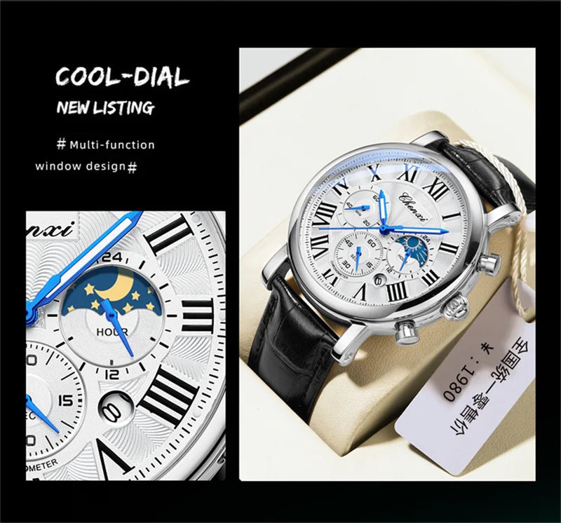 CHENXI 973 Multi-function Business Moon Phase Date Waterproof Rome Analog Imported Men Wristwatch