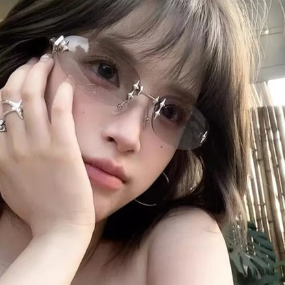 2026 Fashion Rimless Sunglass for Women Men Vintage Star Shaped Small Oval Frameless Y2K Blue Light Blocking Glasses Daily Wear