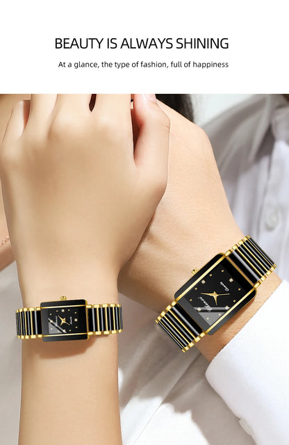 CHENXI 104A Couple Watches Waterproof Luxury Ceramics Square Business Stainless Steel Strap for Women Men Clock