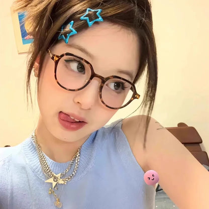 Vintage Rivet Round Frame Glasses Women Black White Leopard Eyewear Trend Brand Reading Computer Y2K Anti Blue Light Eyeglasses