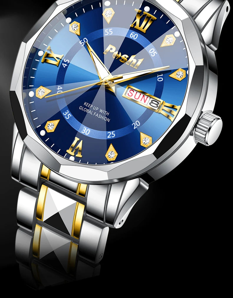 POSHI Men's Quartz Watch Original Waterproof Luminous Dual Calendar Quartz Wristwatch