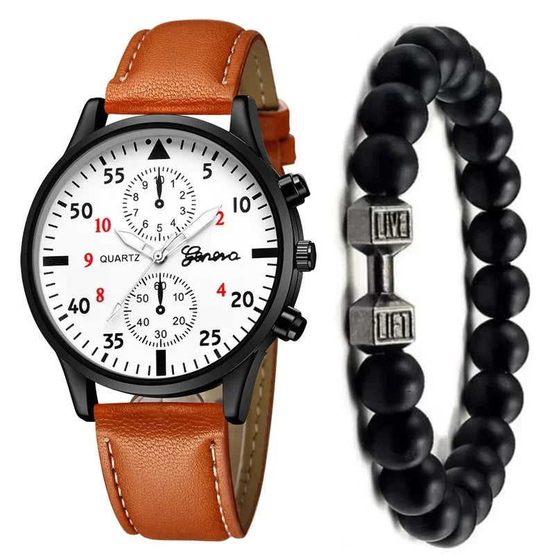 2PCS/Set Men Business Watches Fashion Arabic Dial Leather Band Mens Quartz Watch Bracelet Set Relogio Masculino Часы Мужские