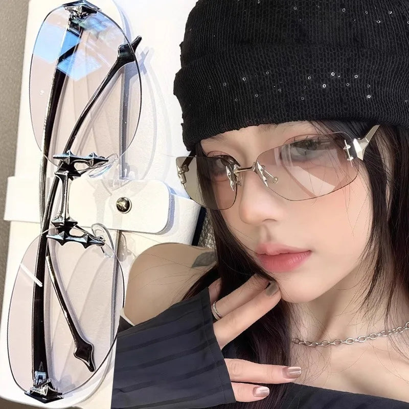 2026 Fashion Rimless Sunglass for Women Men Vintage Star Shaped Small Oval Frameless Y2K Blue Light Blocking Glasses Daily Wear
