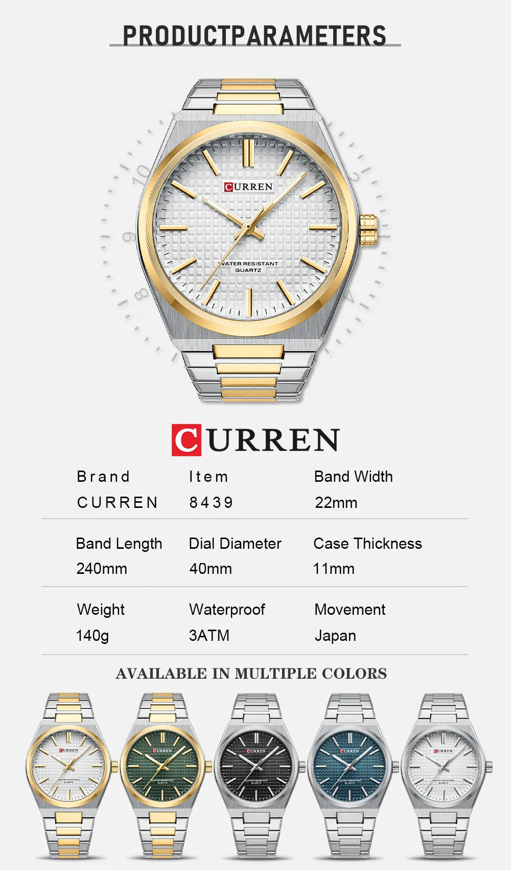 CURREN 8439 Quartz Wristwatch  Stainless Steel Strap Wristwatch for Men Gift
