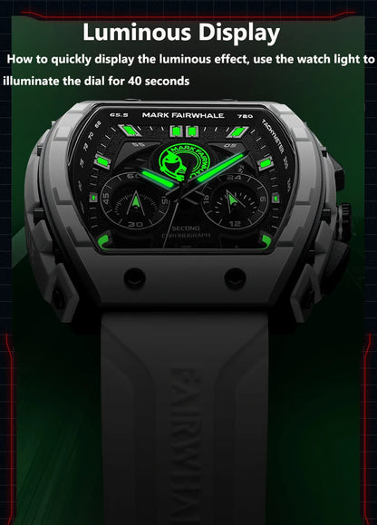 Mark Fairwhale 5670 Men's Top Design Quartz Tonneau Multifunction Chronograph Waterproof Silicone  Sports Quartz Watch for Men