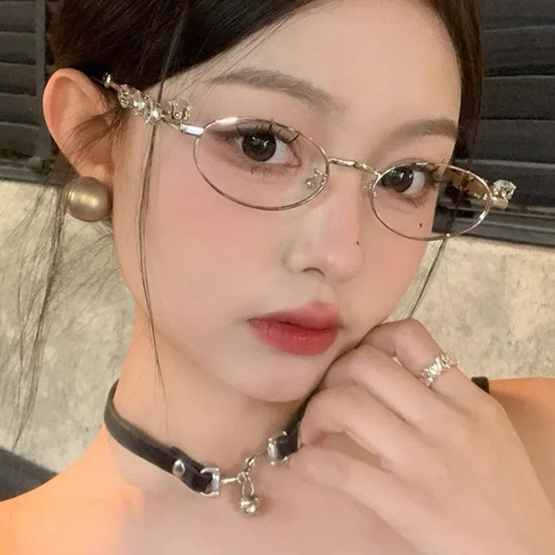 Vintage Y2K Rhinestone Studded Metal Oval Small Frame Elliptical Flat Eyeglasses Anti Blue Light Glasses Women Fashion Eyewear