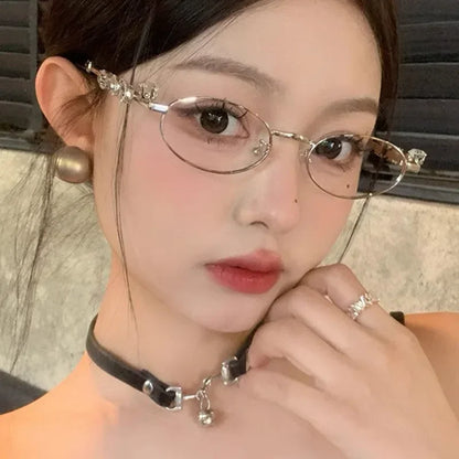Vintage Y2K Rhinestone Studded Metal Oval Small Frame Elliptical Flat Eyeglasses Anti Blue Light Glasses Women Fashion Eyewear