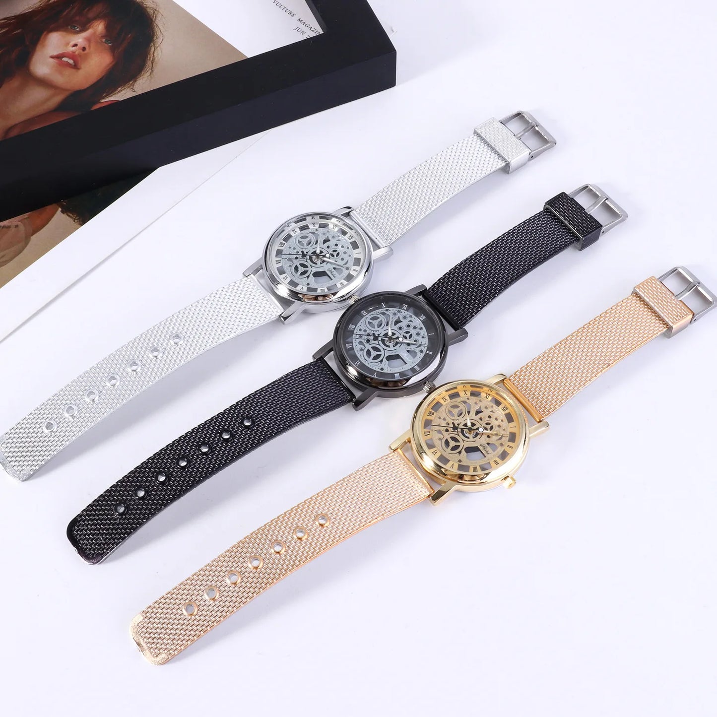 Luxury Gold Skeleton Watch for Women Ladies Fashion Watches Steel Band Gold High Quality Men and Women Couple Watches