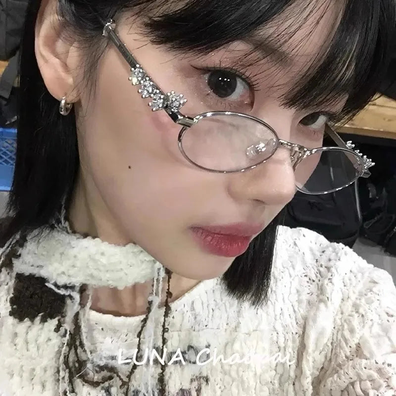 Japanese Small Oval Rhinestone Eyeglasses Frame for Women