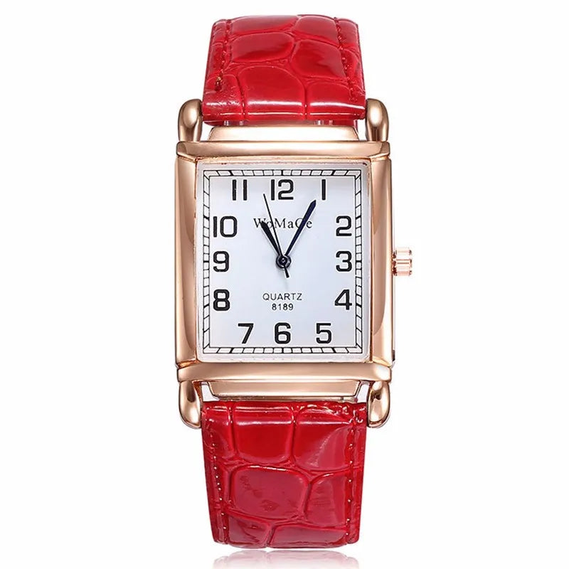 Fashion Women Watches Luxury Metal Rose Gold Square Ladies Quartz Wristwatch Rectangle Red Leather Female Clock