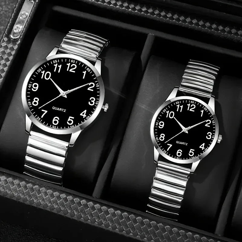 1/2PCS Couple Quartz Watch Fashion Creative Arabic Numerals Round Dial Elastic Band Elegant Couple Wristwatch Gift for Lovers