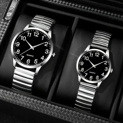 1/2PCS Couple Quartz Watch Fashion Creative Arabic Numerals Round Dial Elastic Band Elegant Couple Wristwatch Gift for Lovers