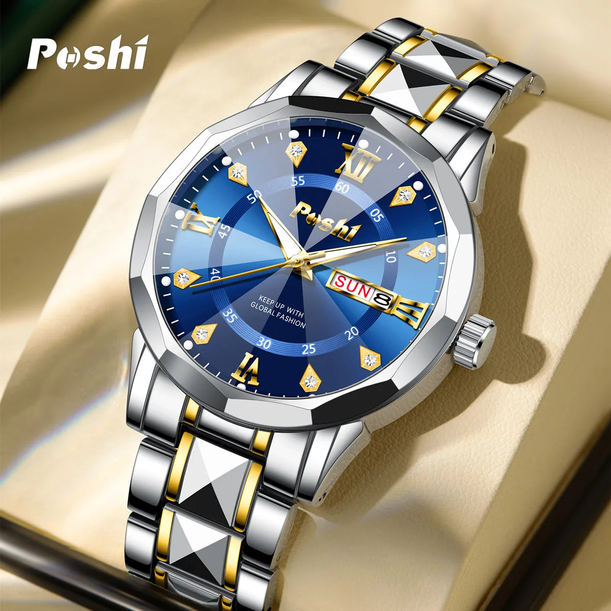POSHI Men's Quartz Watch Original Waterproof Luminous Dual Calendar Quartz Wristwatch