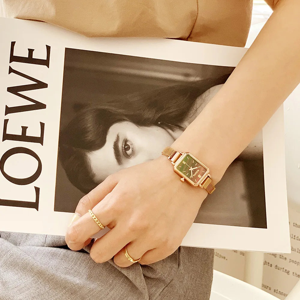 Women Watches Fashion Square Ladies Quartz Watch Magnetic Strap Green Dial Simple Rose Gold Mesh Luxury Women Watches