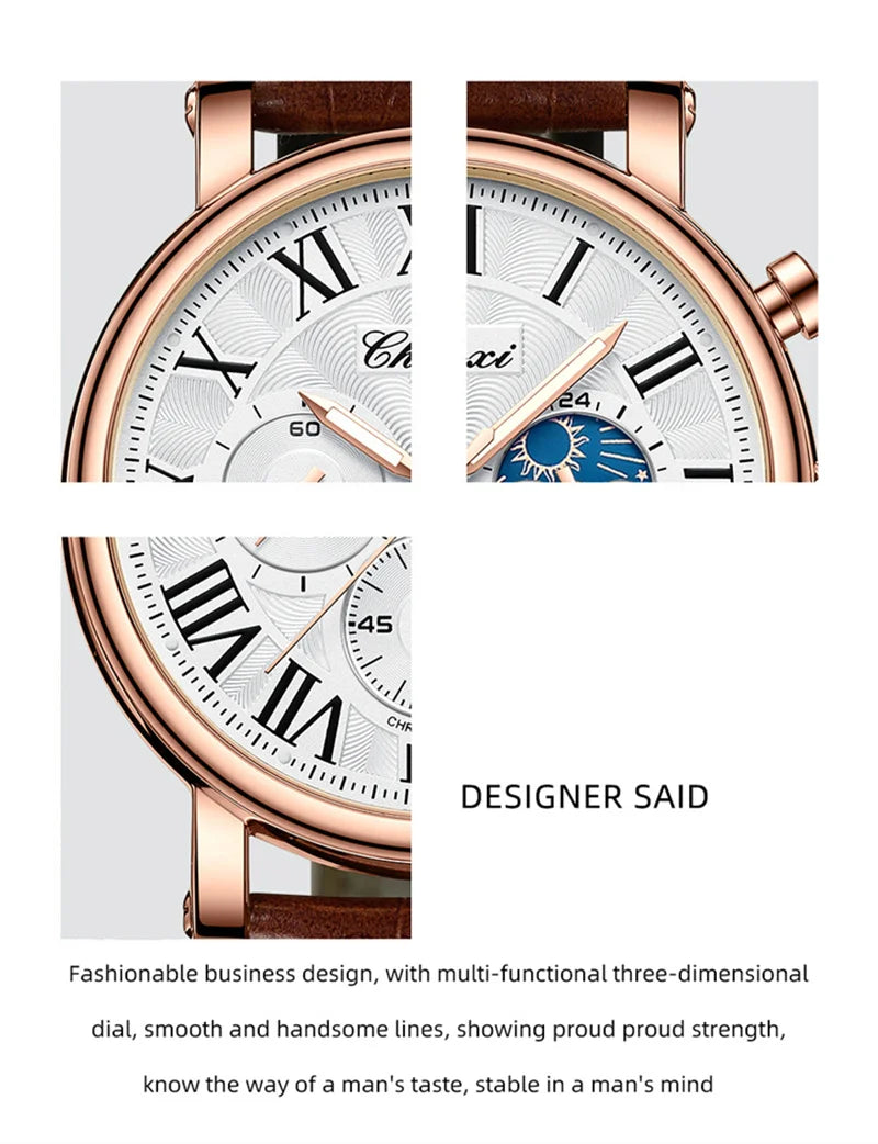 CHENXI 973 Multi-function Business Moon Phase Date Waterproof Rome Analog Imported Men Wristwatch