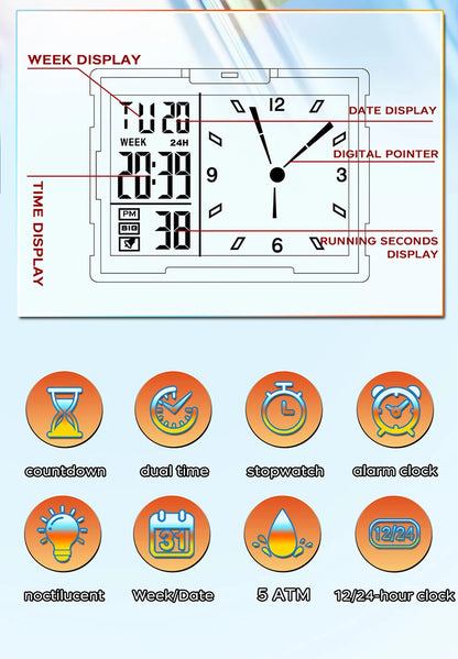 SANDA 6273 Wristwatch Square Dual Time Man Electron Analog Watch for Men Women Waterproof Count Down Timer Digital World Time