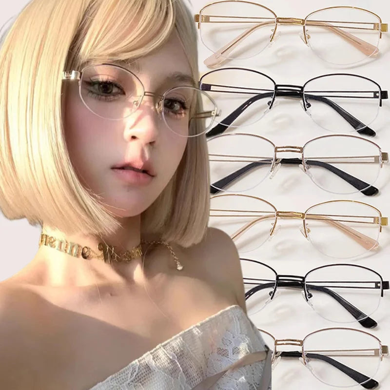 Korean Golden Silk Edge Half Frame Glasses Retro Oval Frame Eyeglasses Reading Computer Sweet Cool Anti Blue Light Eyeglasses