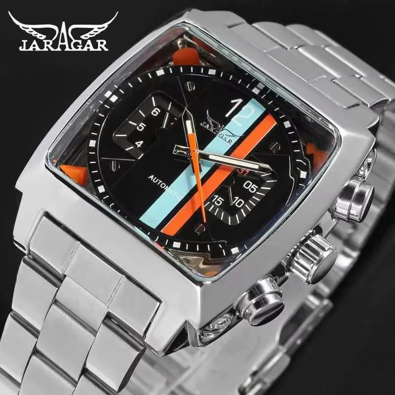 JARAGAR 569 Men's Mechanical Watch Fashion Design Square Dial Date Week Waterproof Steel Strap Leisure Wristwatch