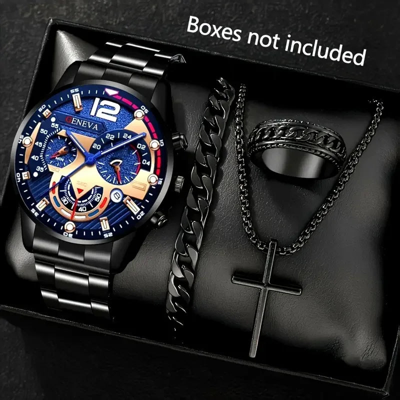 4pcs Luxury Men Business Quartz Watch Gold Alloy Roman with Calendar Wrist Watch Cross Necklace Bracelet Ring Set Men's Gift