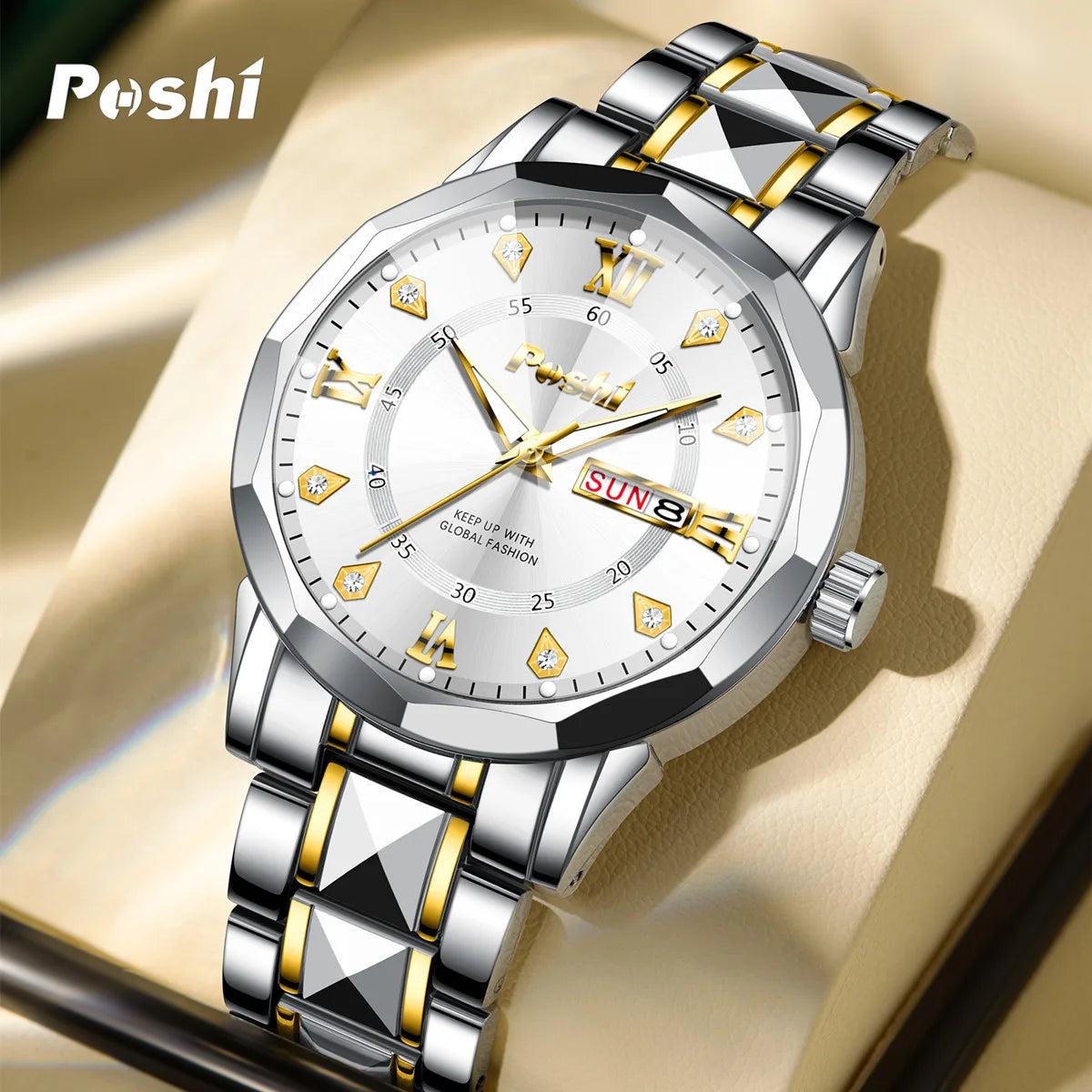 POSHI Men's Quartz Watch Original Waterproof Luminous Dual Calendar Quartz Wristwatch