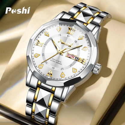 POSHI Men's Quartz Watch Original Waterproof Luminous Dual Calendar Quartz Wristwatch