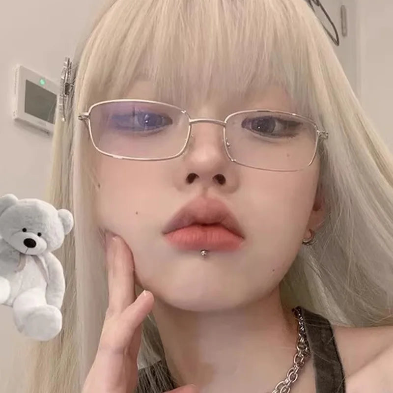 Y2K Vintage Black Silver Metal Eyeglasses Fashion Clear Reading Glasses