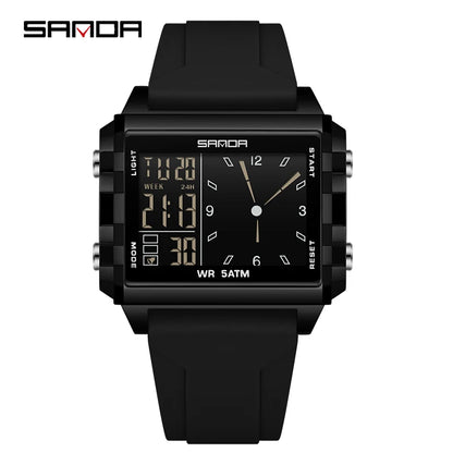 SANDA 6273 Wristwatch Square Dual Time Man Electron Analog Watch for Men Women Waterproof Count Down Timer Digital World Time