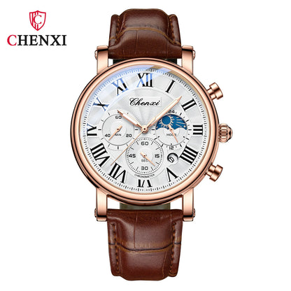 CHENXI 973 Multi-function Business Moon Phase Date Waterproof Rome Analog Imported Men Wristwatch