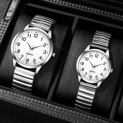 1/2PCS Couple Quartz Watch Fashion Creative Arabic Numerals Round Dial Elastic Band Elegant Couple Wristwatch Gift for Lovers