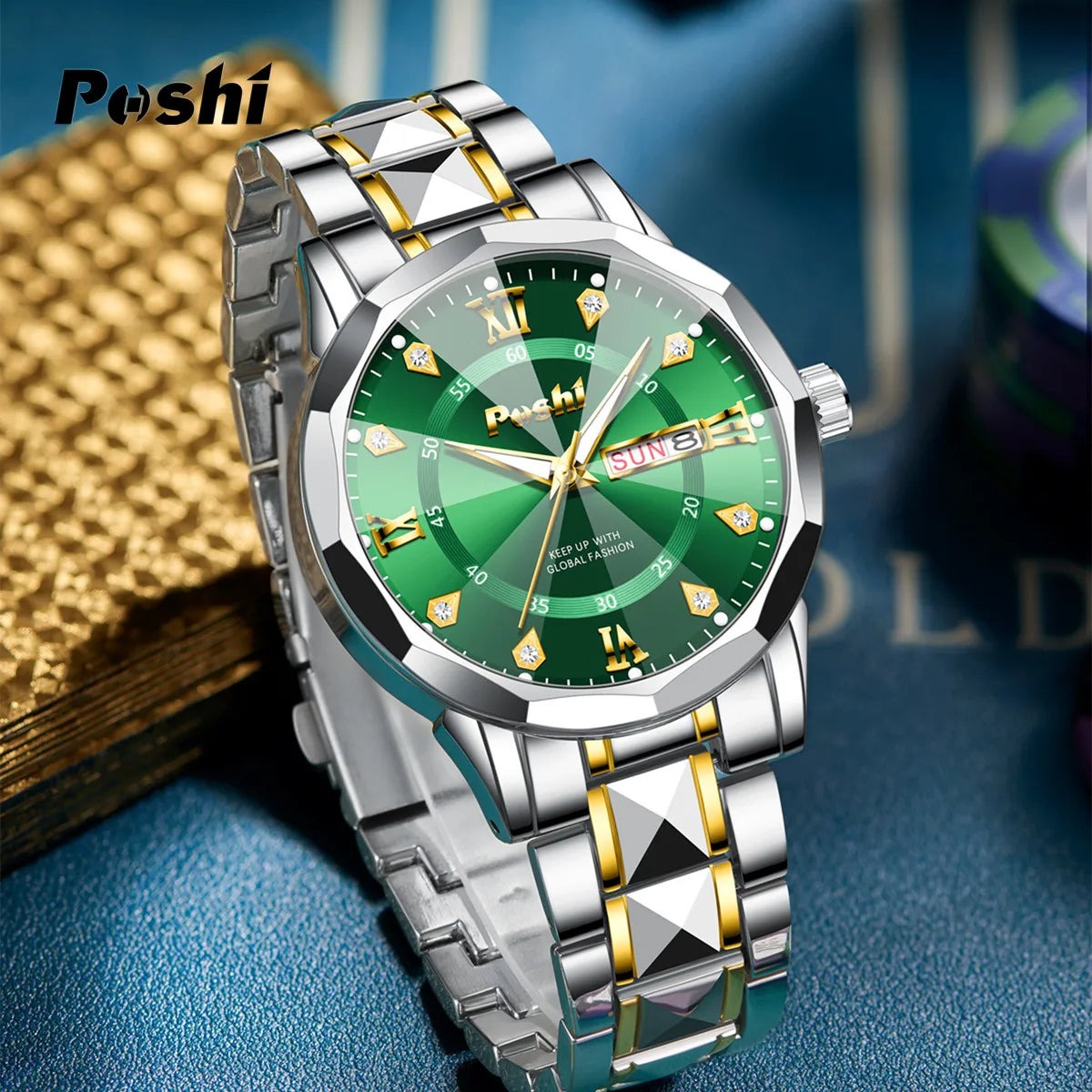POSHI Men's Quartz Watch Original Waterproof Luminous Dual Calendar Quartz Wristwatch