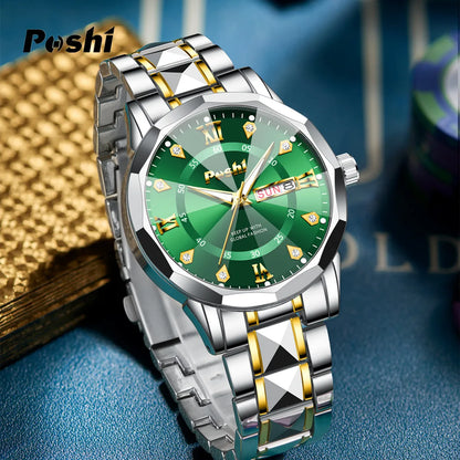 POSHI Men's Quartz Watch Original Waterproof Luminous Dual Calendar Quartz Wristwatch